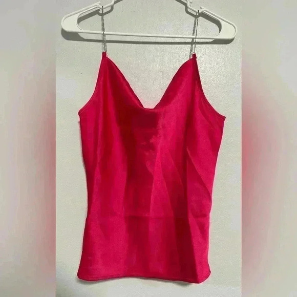 NWT RACHEL ZOE Hot Pink sz S small silky cowl neck club party top silver strap - Picture 1 of 5